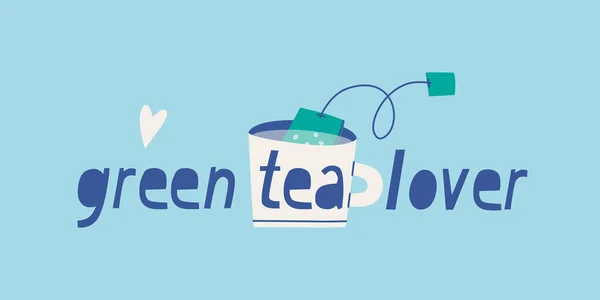 Zöld Tea Szerető Egy Bögrét Teafilterrel Belsejében Aranyos Vektor Illusztráció — Stock Vector