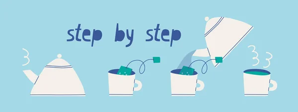 Útmutató Teafőzéshez Hogyan Készítsünk Teát Egy Teafilterből Lépésről Lépésre Aranyos — Stock Vector
