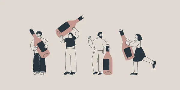 Set Illustrazioni Personaggi Carini Con Enormi Bottiglie Vino Uomini Donne — Vettoriale Stock