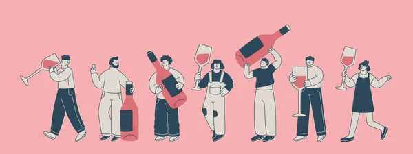 Set Personaggi Carini Con Enormi Bicchieri Vino Bottiglie Uomini Donne — Vettoriale Stock