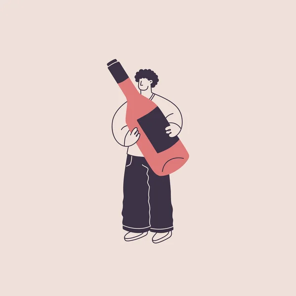 Man Holds Giant Bottle Wine Cute Character Trendy Style Vector — Stock Vector