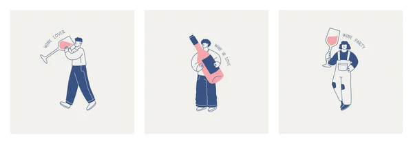 Set Illustrations Cute Characters Huge Glasses Bottles Wine Lettering Wine — Stock Vector
