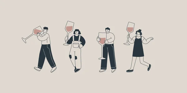 Conjunto Ilustrações Personagens Bonitos Com Enormes Copos Vinho Homens Mulheres —  Vetores de Stock