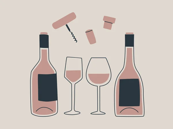 Şişe Şarap Iki Bardak Şarap Için Diğer Aksesuarlar Bir Tirbuşon — Stok Vektör