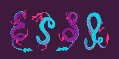 Asya ve Çin mitolojik karakterleri, ejderhalar. Siyah arkaplanda çok renkli dekoratif çizimler.