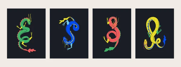 Conjunto Caracteres Mitológicos Asiáticos Chineses Dragões Ilustrações Decorativas Multicoloridas Sobre —  Vetores de Stock