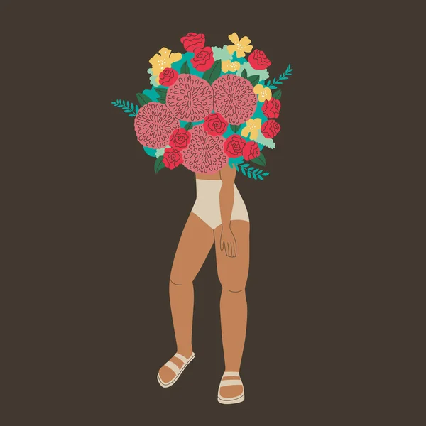 Beautiful Slender Female Figure Swimsuit Underwear Huge Bouquet Flowers Her — Stock Vector