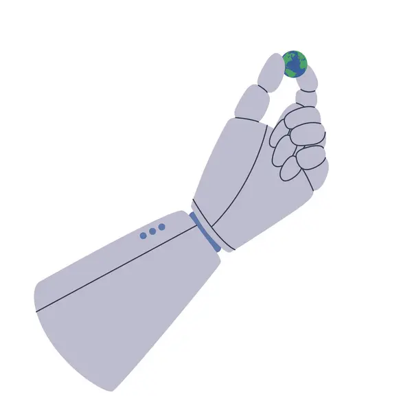 サイボーグやロボットは惑星地球を保持しています 指が付いている機械的なヤシ 機械が地球を支配する ベクトルフラットイラスト — ストックベクタ