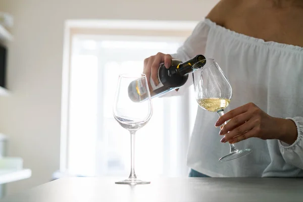 Woman Serving Herself Glass Wine Celebration His Couple — Stock Photo, Image
