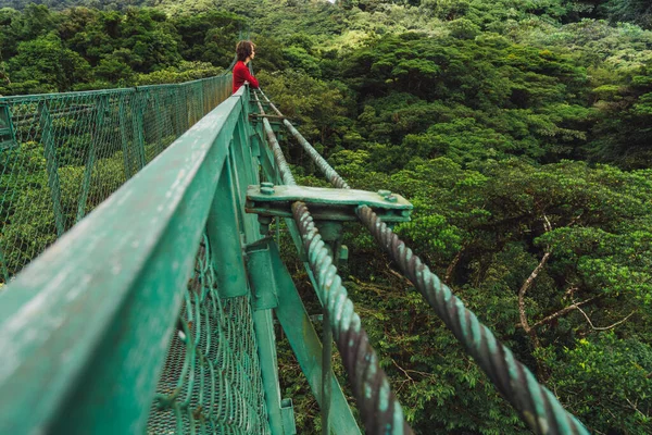 Pessoa Irreconhecível Descendo Uma Ponte Meio Uma Floresta Tropical Desfrutando — Fotografia de Stock