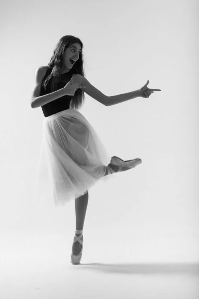 Adult Caucasian Ballerina Dancing Photography Studio Alone Black White Pictures — Stock Photo, Image