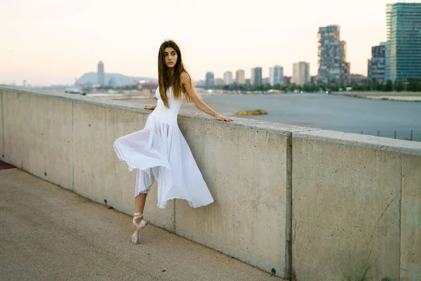橋の上で白いドレスを身に着けている女性バレリーナ — ストック写真