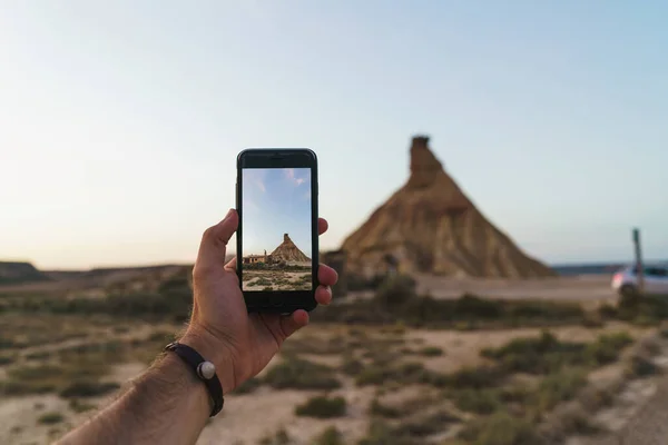 Unrecognizable Man Taking Photo Desert Landscape Navarra Spain Stok Fotoğraf