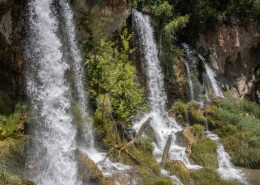 Rifle Falls Eyalet Parkı 'nda çağlayan şelaleler çok güzeldir. Yaz resmi.