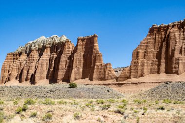 Utah, ABD 'deki Capital Reef Ulusal Parkı' nda çarpıcı kaya oluşumları. Onlara Katedral deniyor. Sarı, turuncu ve gri taşlardan yapılmış bir sürü eşsiz şekil var. Ön planda çöl bitkileri. Mavi gökyüzü.