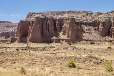 Utah, ABD 'deki Capital Reef Ulusal Parkı' nda çarpıcı kaya oluşumları. Onlara Katedral deniyor. Sarı, turuncu ve gri taşlardan yapılmış bir sürü eşsiz şekil var. Ön planda çöl bitkileri. Mavi gökyüzü.