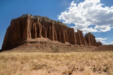 Utah, ABD 'deki Capital Reef Ulusal Parkı' nda çarpıcı kaya oluşumları. Onlara Katedral deniyor. Sarı, turuncu ve gri taşlardan yapılmış bir sürü eşsiz şekil var. Ön planda çöl bitkileri. Mavi gökyüzü.