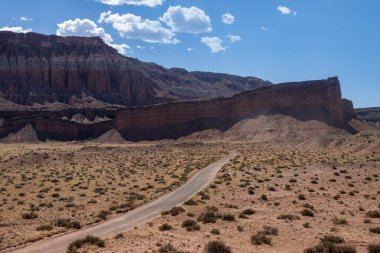 Utah, ABD 'deki Capital Reef Ulusal Parkı' nda çarpıcı kaya oluşumları. Kırmızı, turuncu ve gri taşlardan bir sürü eşsiz şekil. Ön planda çöl bitkileri. Mavi gökyüzü. Yol gösteriyor..