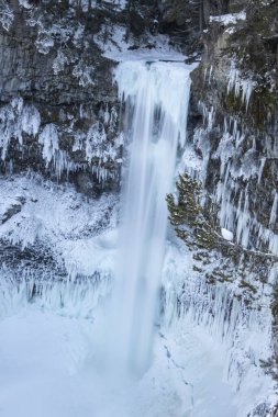Buzlu oluşumlar ve bir kar örtüsüyle çevrili sarp kayalıkların üzerine görkemli bir şelale dökülür. Huzurlu manzara, arka planda bir ormanla kışın güzelliğini yakalar..