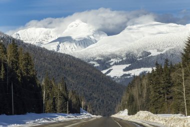 Durgun bir yolun üstündeki karlı tepeler sonsuz yeşil ağaçlarla çevrili aydınlık bir günde dağların güzelliğini gözler önüne seriyor..