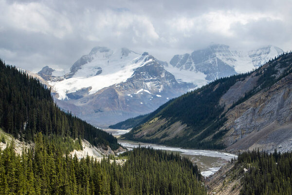 A breathtaking view of a valley bordered by towering mountains and dense coniferous forests. The scene captures the tranquility of nature under a cloudy sky, highlighting the rugged terrain.