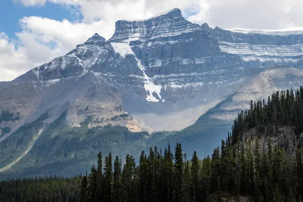 Karlı dağ zirveleri parlak mavi bir gökyüzünün altında yoğun yeşil ormanların üzerinde belirir. Manzara Kanada Kayalıkları 'ndaki doğanın güzelliğini ve sükunetini yansıtıyor..