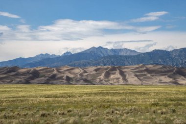 Ufuk boyunca uzanan altın çöl kumulları, Colorado 'daki keskin bir şekilde tanımlanmış dağlarla tezat oluşturuyor. Açık mavi bir gökyüzü bu doğal ortamın dingin güzelliğini arttırır..