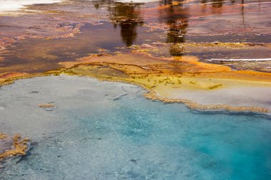 Yellowstone Ulusal Parkı 'nda buhar yükselirken kaplıcalardan parlak renkler çıkıyor. Mineral yatakları bu jeotermal harikalar diyarında doğanın sanatını gösteren eşsiz desenler yaratır..