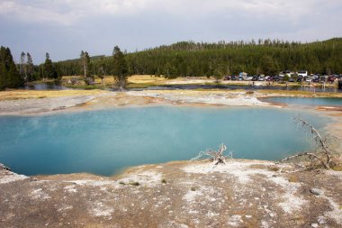 Canlı bir mavi termal yay yemyeşil ağaçların ve uzak bir otoparkın zeminine kurulur. Yellowstone 'un doğal güzelliklerini keşfeden ziyaretçiler yakınlarda görülebilir..