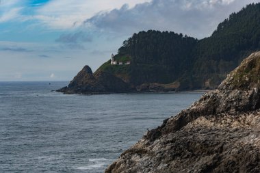 Manzaralı bir manzara, sakin okyanus sularına tepeden bakan bir deniz fenerini yakalar. Yeşiller yemyeşil tepeler çerçeve 