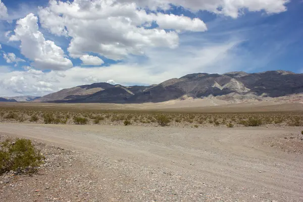 Geniş, kurak, seyrek bitki örtüsü ve kayalık arazi bulutlarla dolu canlı bir gökyüzünün altında beliren uzak dağlar. Sahne, doğanın saf güzelliğini yakalar..