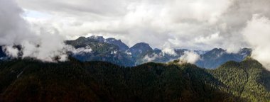 Yükselen dağlar görkemli bir şekilde kabarık bulutlarla örtülmüş ve yoğun yeşil ormanlarla çevrili. Bu Pasifik Kuzeybatı sahnesi doğanın dokunmamış güzelliğini kasvetli bir gökyüzü altında yakalıyor..
