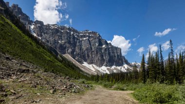 Bereketli yeşilliklerin arasından etkileyici kayalık dağlara doğru esen manzaralı bir patika. Parlak mavi gökyüzü ve dağınık bulutlar bu vahşi bölgenin huzurlu atmosferini arttırır..