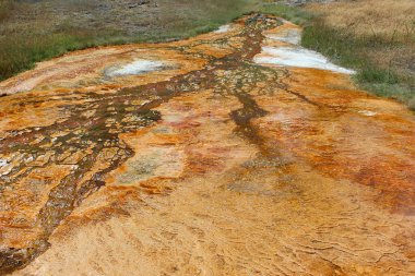 Parlak turuncu ve toprak renkleri jeotermal bir alanda zeminde karmaşık desenler oluşturur. Manzara yemyeşil ve aşağıdaki suyun eşsiz mineral içeriğini yansıtır..