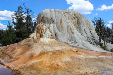 Jeotermal birikintiler Yellowstone Ulusal Parkı 'nda çarpıcı turuncu, kahverengi ve bej oluşumlar oluşturur. Açık mavi gökyüzü bu manzaranın doğal güzelliğini arttırır..