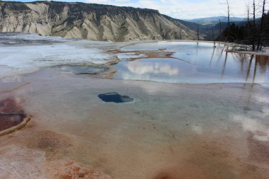 Yellowstone Ulusal Parkı 'ndaki kaplıca etrafında dönen maden yataklarının parlak renkleri. Çevresindeki manzara sarp kayalıklara ve suya yansıyan engin bir gökyüzüne sahiptir..