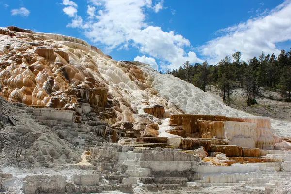Mamut Kaplıcaları parlak mavi gökyüzünün altında parlak renklere sahip şelale gibi mineral teraslara sahiptir. Çevreleyen yeşillik bu eşsiz jeotermal alanın doğal güzelliğini artırır..