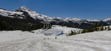 Sersemletici alp manzarası karla kaplı bir arazi ve güneşli bir yaz günü yüksek dağlarla çevrili vadide dolanan bir buzul nehri içerir..
