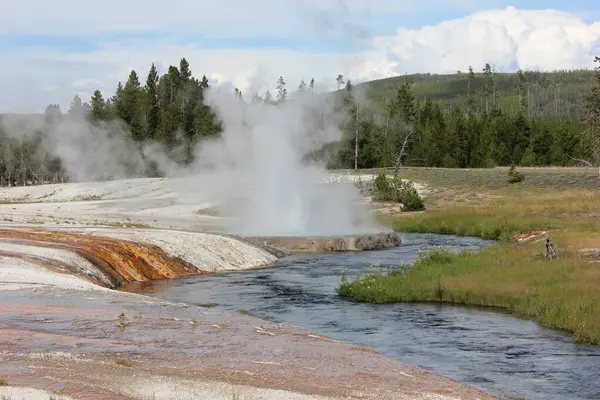 Güneş ışıl ışıl parlarken Yellowstone Ulusal Parkı 'ndaki gayzerlerden buhar yükseliyor. Nehir yemyeşil sularla çevrili jeotermal özelliklerin yanında akar..