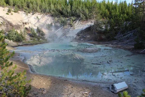 Yüzeyinden yavaşça yükselen buharla sakin bir kaplıca görülebilir. Baharın çevresinde yemyeşil ağaçlar ve engebeli bir manzara vardır. Sahne, doğanın sükunetini yakalar..