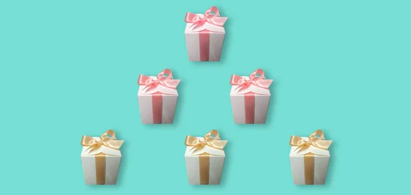 Collection set white gift box with yellow and pink color ribbon bow isolated on cyan background for stock photo or design, 3d illustration, christmas, celebrate