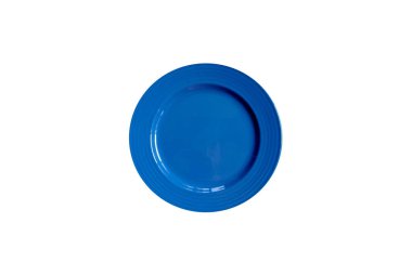 Üst görünüm tek boş mavi dairesel çanak tasarım için beyaz arkaplan. yemek yemek, yemek, pirinç yemek. 