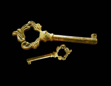 Gerçekçi iki eski demir anahtar grafik tasarımı için izole edilmiş siyah arkaplan. illüstrasyon fotoğrafı 