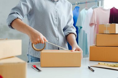 female warehouse worker are checking or seller packing ecommerce shipping order box for dispatching, preparing post courier delivery package or online sales, e-commerce concept.