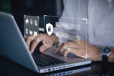 user typing login and password in the concept of cyber security, information security, data protection, and encryption for secure access to user's personal information