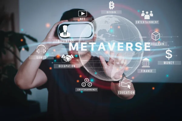 Man wearing VR glasses virtual Global Internet connection metaverse with a new experience in metaverse virtual world