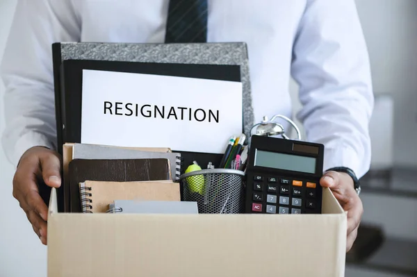 Businessmen Hold Boxes Personal Belongings Resignation Letters Resign Desk Office — Zdjęcie stockowe