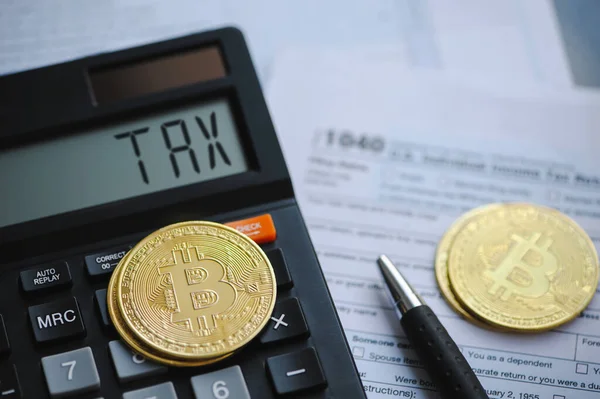 Bitcoin Taxation Cryptocurrency Concept Tax Form 1040 Individual Income Tax — Zdjęcie stockowe