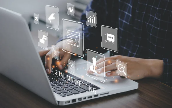 Marketer Using Computer Digital Online Marketing Banner Web Icon Business — Stockfoto