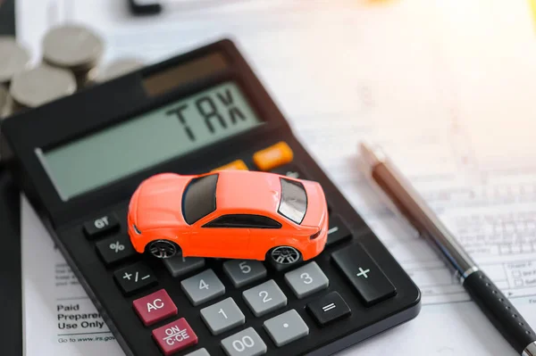 Red Car Calculator Word Tax Concept Car Tax — Zdjęcie stockowe